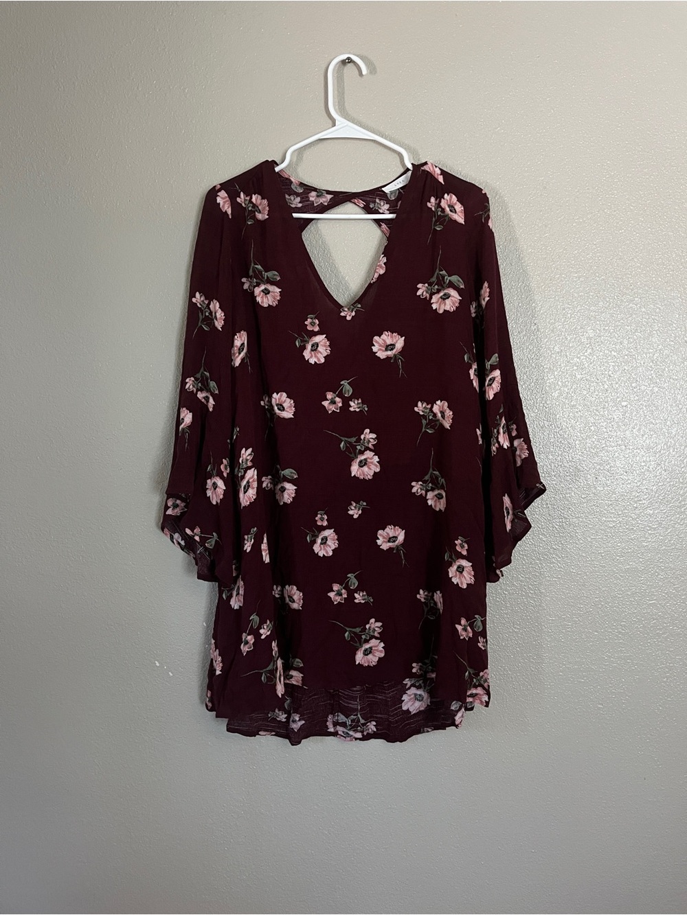 Lush Wine Floral High-Low V-Neck Bell Sleeve Dress - Picture 3 of 6